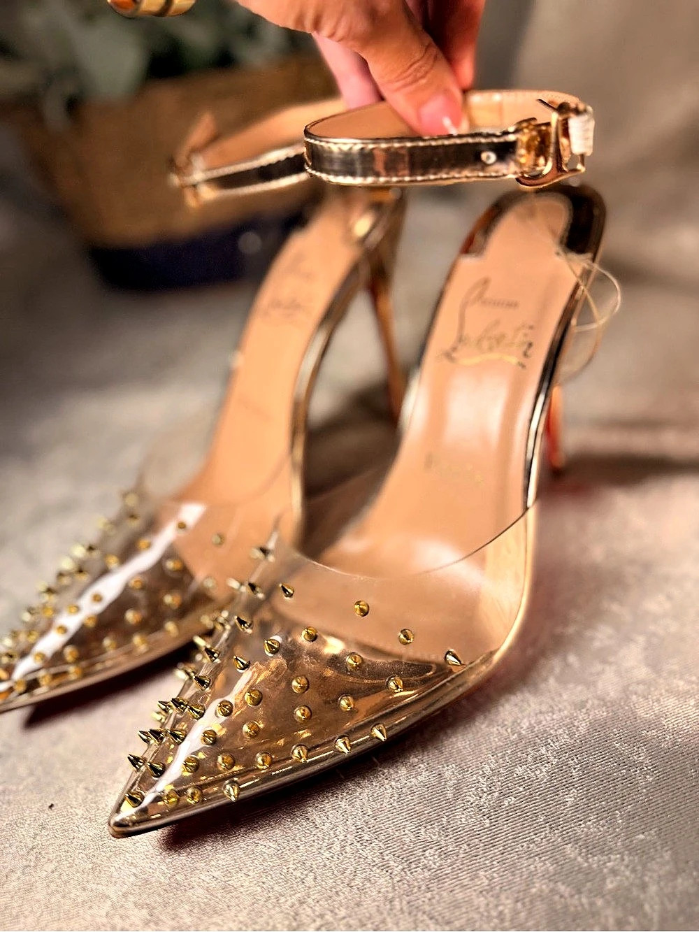 Christian Louboutin Spikoo 100 PVC Metallic Gold Spiked Pumps Gold US 7